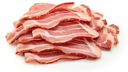 Heap of sliced raw smoked bacon isolated on white background, pork meat strips pieces, package design element, top view