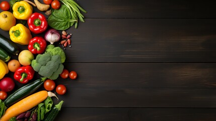 Healthy food. Vegetables and fruits. On a black wooden background. Top view. Copy space