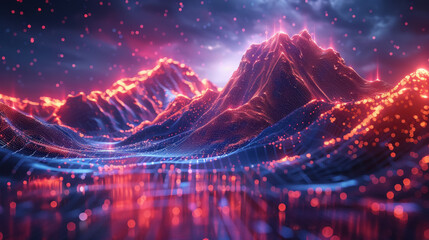 Futuristic city with glowing mountain backdrop a 3D illustration showcasing advanced civilization - obrazy, fototapety, plakaty