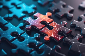 This close-up photo captures a detailed view of an individual puzzle piece, showcasing its interlocking patterns, Connecting puzzles pieces into a blockchain structure, AI Generated