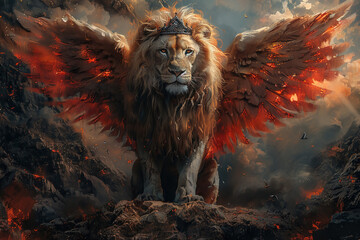 Majestic lion with a kings crown and fiery angel wings overseeing his realm from the mountains peak - obrazy, fototapety, plakaty