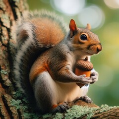 Squirrel sits on branch preparing acorns for hibernation
