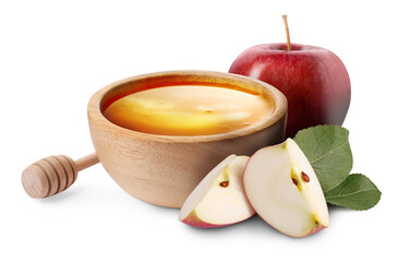 Honey in bowl and apples isolated on white