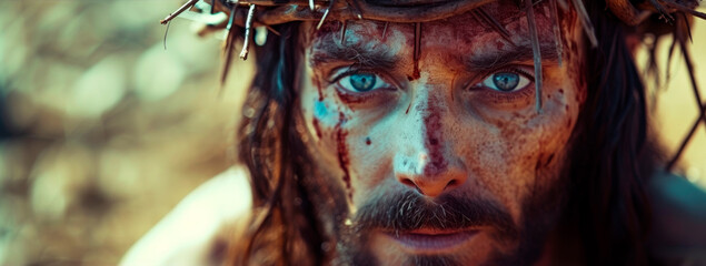 Intense close-up of a man with face paint and a crown of thorns, looking exhausted, conveying struggle, sacrifice, and spirituality in a blurred natural background