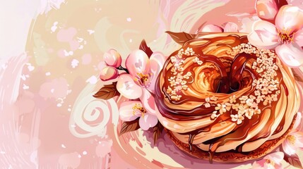 Fototapeta premium Digital Art of Delicious Pastry with Cherry Blossoms