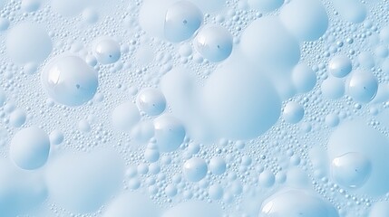 Macro view white soapy bubbles foam. suds and shower texture. Blue background. Horizontal, soft focus