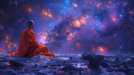 Monk meditating neon art light moon universe , Skeletal figure meditates in cosmos.