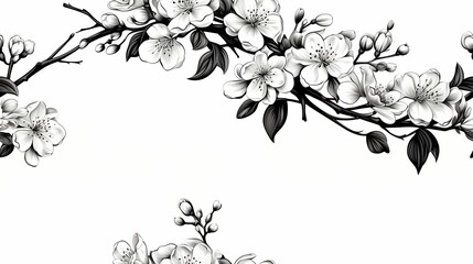 Black and white cherry blossoms branch illustration, sakura falling