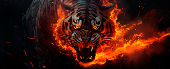 Fierce tiger with glowing eyes leaping out from fiery backdrop, symbolizing power and aggression, digital artwork with vivid colors