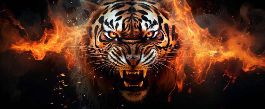 Fiery tiger roaring amidst blazing flames; a metaphor for ferocity and untamed power, ideal for dynamic backgrounds, evoking strength and passion