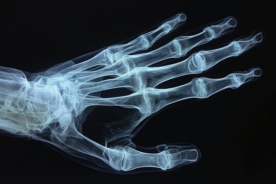 An x-ray image showcasing the skeletal structure of a hand, highlighting the intricate bones and joints, Cool-tone 3D interpretation of a human hand X-ray, AI Generated
