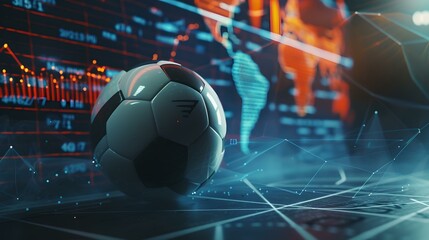 Futuristic soccer ball on a digital field with data analytics visualization in the background. sports technology concept. AI