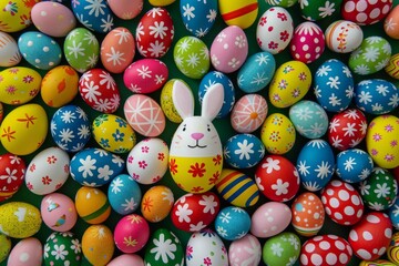 Happy Easter Eggs Basket comical. Bunny hopping in flower Orange Marmalade decoration. Adorable hare 3d wicker basket rabbit illustration. Holy week easter hunt Farewell Card card new beginnings