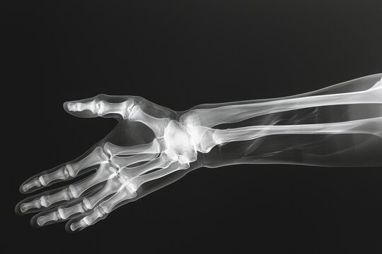 This x-ray image captures the detailed bone structure and positioning of a hand and wrist, Cool-tone 3D interpretation of a human hand X-ray, AI Generated