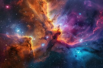 This photo captures a vibrant and dazzling space scene, filled with countless shining stars, Cosmic art showcasing an explosion of colors within a nebula, AI Generated - obrazy, fototapety, plakaty