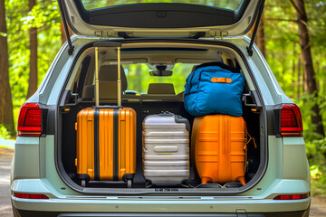 modern SUV car trunk open and full of suitcases and bags to return from summer holidays