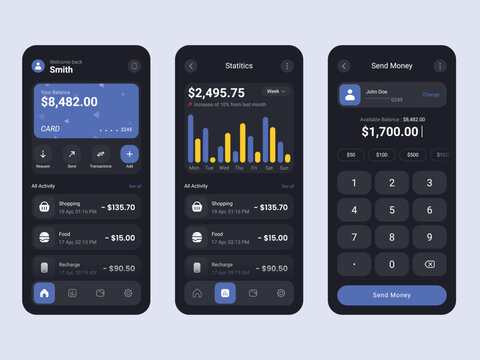 Vector Finance app mobile screens template full editable and vector (Dark Mode)