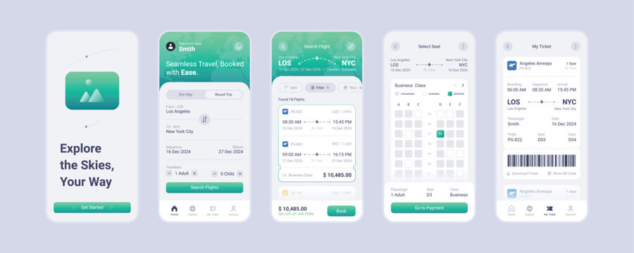 Flight booking app mobile screens template full editable and vector (Light Mode)