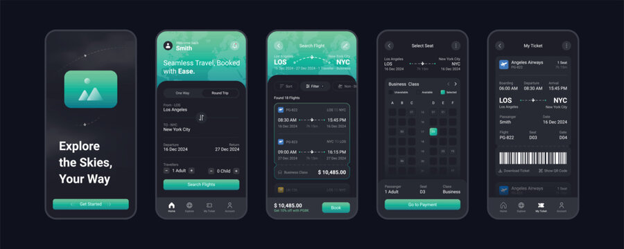 Flight booking app mobile screens template full editable and vector (Dark Mode)