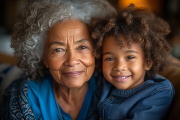 Portrait of african american grandmother and grandson hugging together, smile and happy. Senior old woman with little grandchild. Old person day - obrazy, fototapety, plakaty