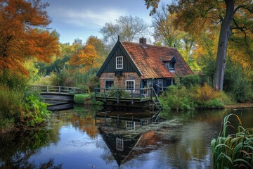 A house sits atop a flowing river, positioned next to a dense forest, surrounded by natures beauty, Cottage houses in a dreamy Dutch village, AI Generated