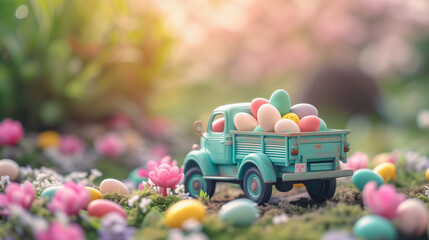 Easter and spring composition. Vintage truck miniature brings colorful easter eggs in the garden with flowers. Easter and spring greeting card. Miniaturecore 
