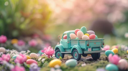 Tuinposter Easter and spring composition. Vintage truck miniature brings colorful easter eggs in the garden with flowers. Easter and spring greeting card. Miniaturecore   © VesnAI