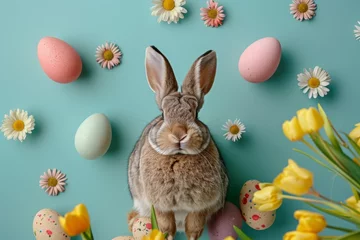 Foto op Aluminium Happy Easter Eggs Basket playful. Bunny hopping in flower easter centerpiece decoration. Adorable hare 3d space for hues rabbit illustration. Holy week easter hunt grinning card Turquoise Fields © Leo