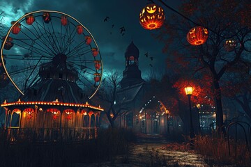 An amusement park at night showcasing a brightly illuminated ferris wheel surrounded by thrilling rides and cheerful visitors, Creepy carnival with a Ferris wheel and haunted house, AI Generated