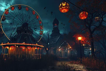 Foto op Aluminium An amusement park at night showcasing a brightly illuminated ferris wheel surrounded by thrilling rides and cheerful visitors, Creepy carnival with a Ferris wheel and haunted house, AI Generated © Iftikhar alam