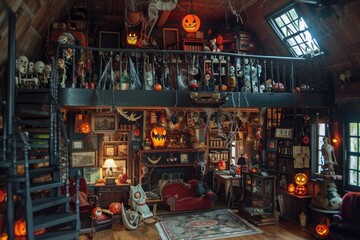 A living room is filled with an abundance of Halloween decorations, creating a spooky and festive atmosphere, Creepy dollhouse filled with Halloween decorations, AI Generated