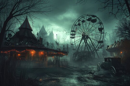 A bustling carnival with a colorful array of attractions and a majestic ferris wheel dominating the skyline, Creepy carnival with a Ferris wheel and haunted house, AI Generated