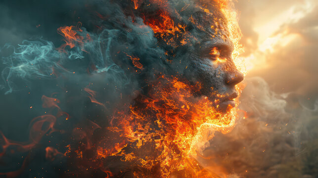 Mental state religious concept and horror A burning human soul and human body about to go to hell is an abstract image.