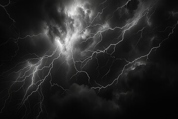 A black and white photo capturing the intense electrical activity and atmospheric discharge of a...