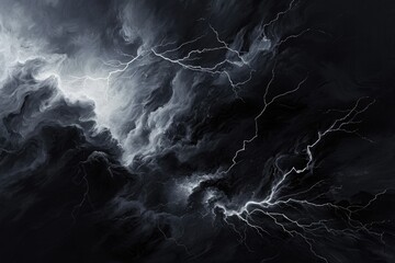 This photo captures the intensity of a storm forming in the sky with dramatic and contrasted black and white tones, Crisp lightning cracking across an ink-black sky, AI Generated - obrazy, fototapety, plakaty