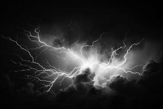 A striking black and white photo capturing the dramatic and electrifying display of a powerful lightning storm, Crisp lightning cracking across an ink-black sky, AI Generated