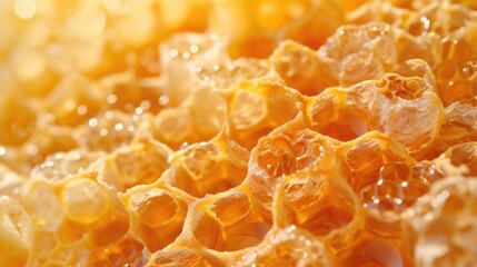 Golden honeycomb close-up with honey dripping.