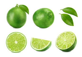 Realistic green ripe raw lime fruit, isolated whole, half and slice citrus fruit. 3d vector set of vibrant, juicy parts, exude freshness and zesty burst, promising a tangy flavor in every piece - obrazy, fototapety, plakaty