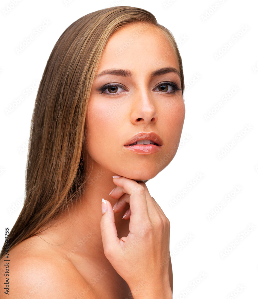 Sticker Girl, portrait and cosmetics beauty in studio, aesthetic and self love in backdrop of white background. Female person, makeup and glow with shine on face from skincare and dermatology for model