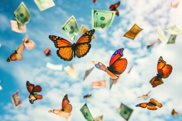 A Large Group of Butterflies Flying Through a Sunlit Meadow, Currency notes transforming into butterflies and flying away stating the fleeting value during inflation, AI Generated