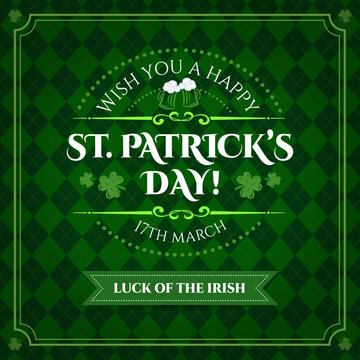 Saint Patricks day holiday green banner with beer mugs and shamrock clovers, vector poster. St Patrick day greeting for Irish holiday on green Celtic pattern background with ribbon and wish of luck