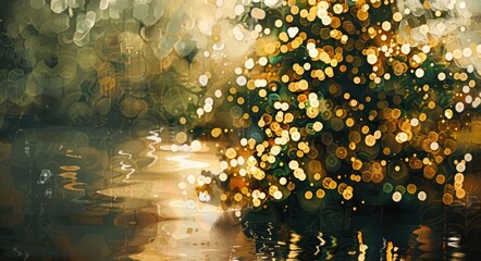 Christmas tree background with light, Background xmas for december festive, glow and golden light celebration, Ai generative