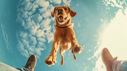 Dog jumps on man. An animal jumps on a person against the sky. First person view with human legs