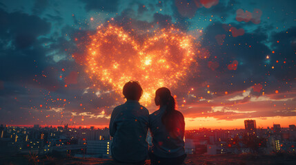 Silhouettes of two people sitting with their backs facing each other. The backdrop is a starry sky that forms a heart shape.