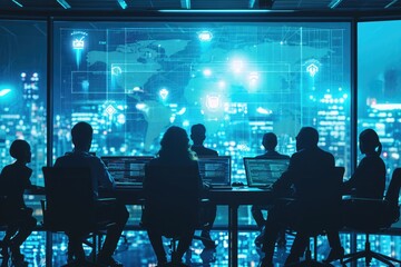 A diverse group of professionals sitting around a conference table, engaged in their work as they type on their laptops, Cybersecurity strategy meeting in a high-tech boardroom, AI Generated