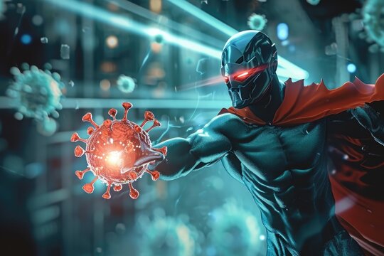 A man dressed in a red cape holds a red ball in his hand, Cybersecurity software as a superhero defeating a virus villain, AI Generated