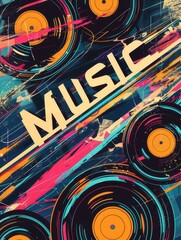 Electronic music festival poster with abstract lines. Design template for flyer, presentation, banner, brochure."MUSIC" text shaped with vinyl records and audio waves and metallic textures.	
