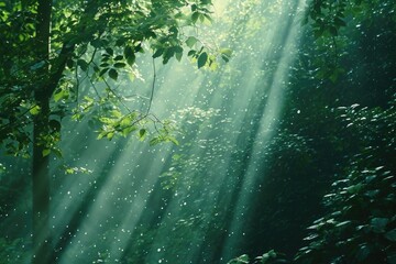 Sunlight passes through the luscious green leaves of a maple tree, casting a striking play of light and shadow on the ground, Dappled sunlight effect on a forest green backdrop, AI Generated