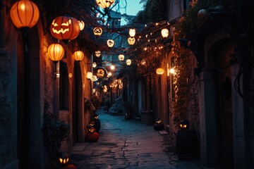 A narrow alley illuminated with lanterns hanging from the ceiling, creating a warm and inviting atmosphere, Dark Alleyway in an ancient town decorated with Halloween lanterns, AI Generated