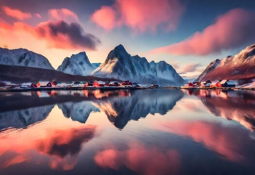 Magical evening in Lofoten. North fjords with mountains landscape. scenic photo of winter mountains and vivid colorful sky. stunning natural background. Picturesque Scenery of Lofoten islands.